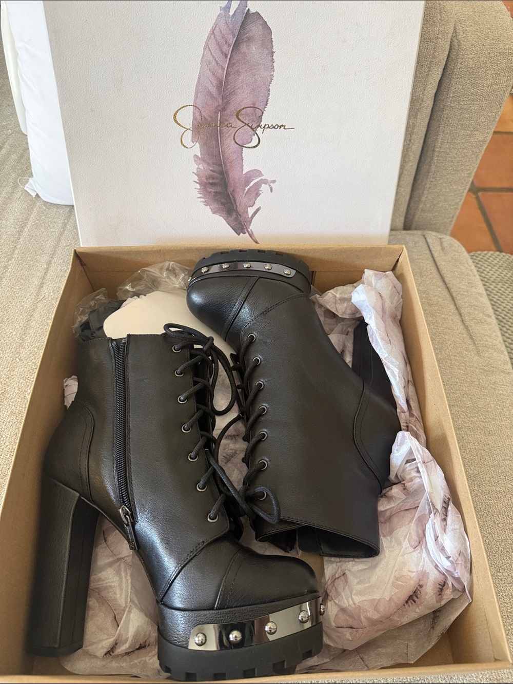 Jessica Simpson Black Lace-Up Platform Ankle Boots with Stud Accents